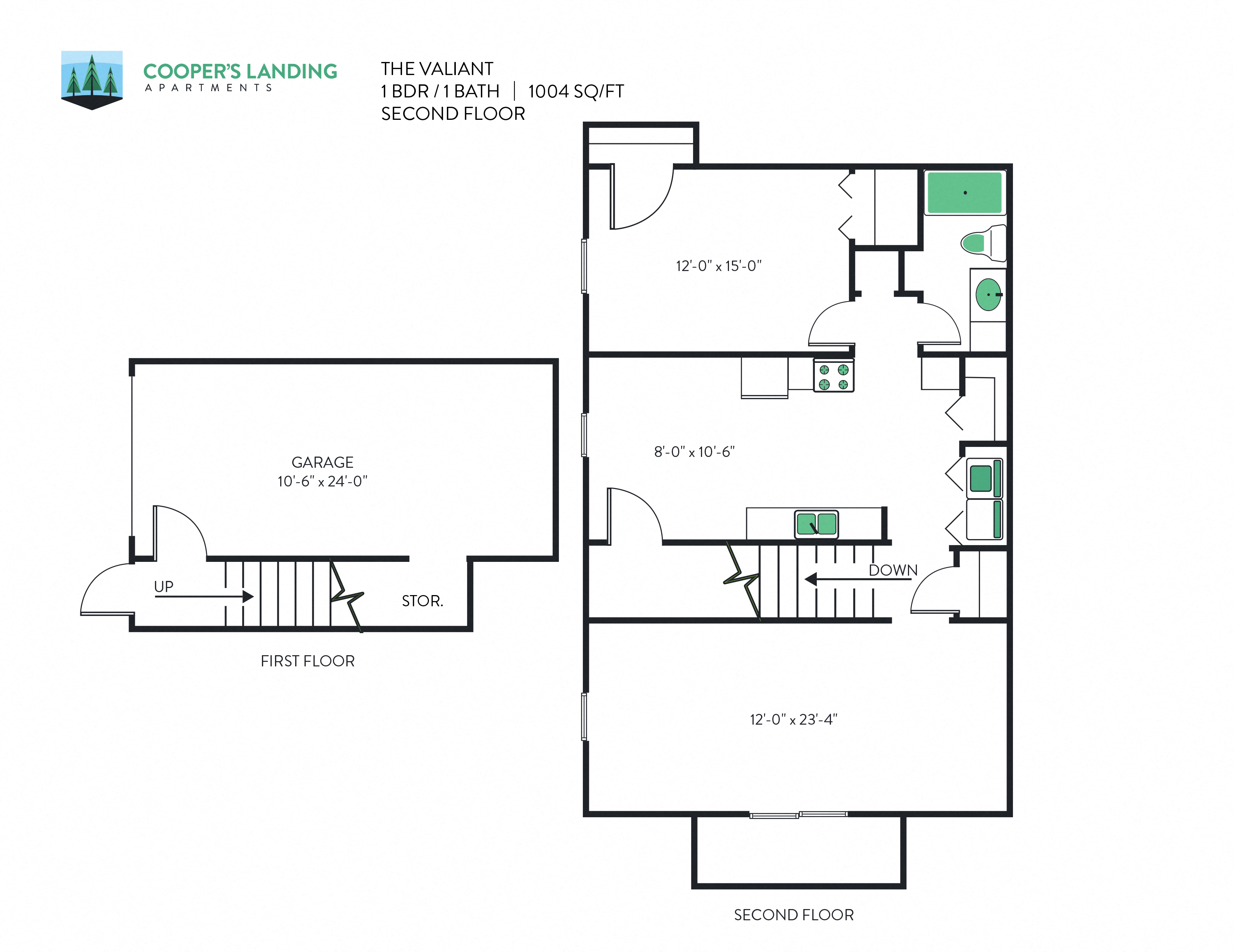 Floor plan for 1 bed, 1 bath, 1004 sqft